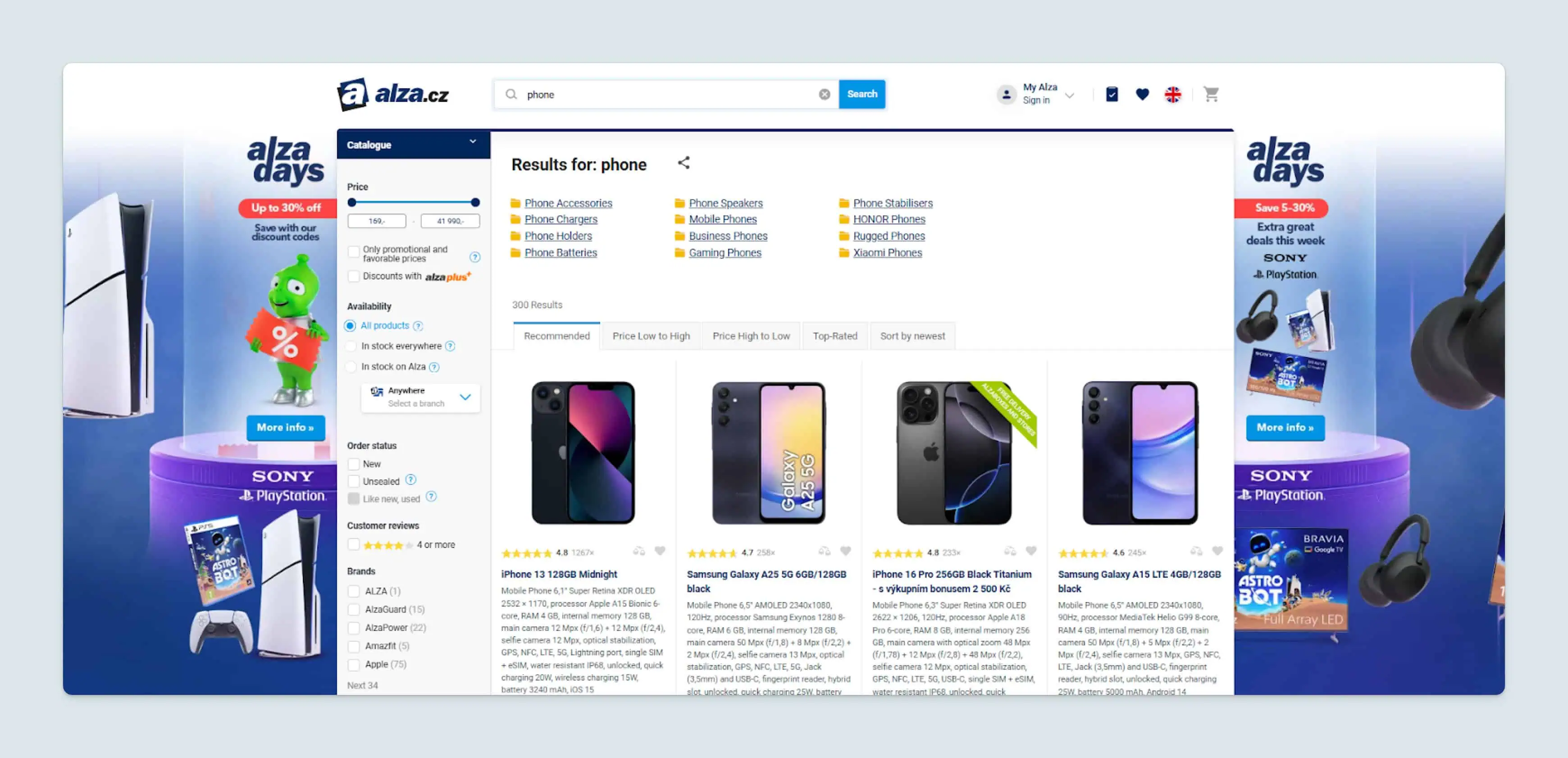 La recherche interne d'Alza récupère les résultats du mot clé téléphone et ses synonymes, tels que smartphone.