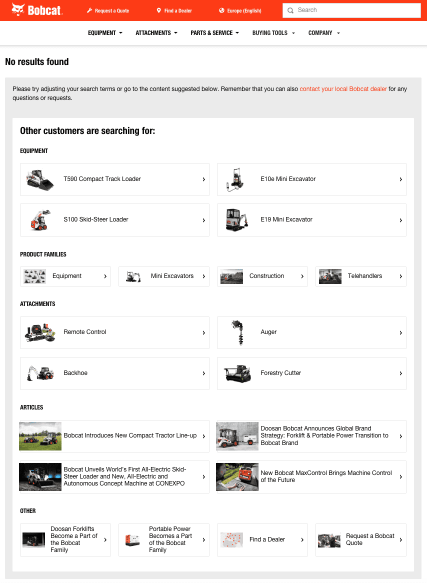Page sans résultats sur le site web de Bobcat avec tout un tas de contenu.